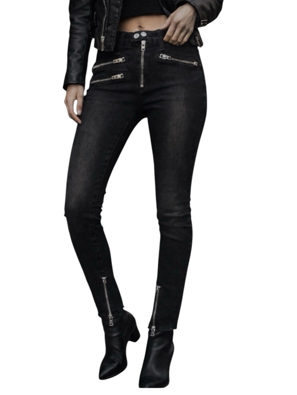 Moto Luxe Biker Skinny Jeans Rag & Bone Black Zip High Rise Designer Edge